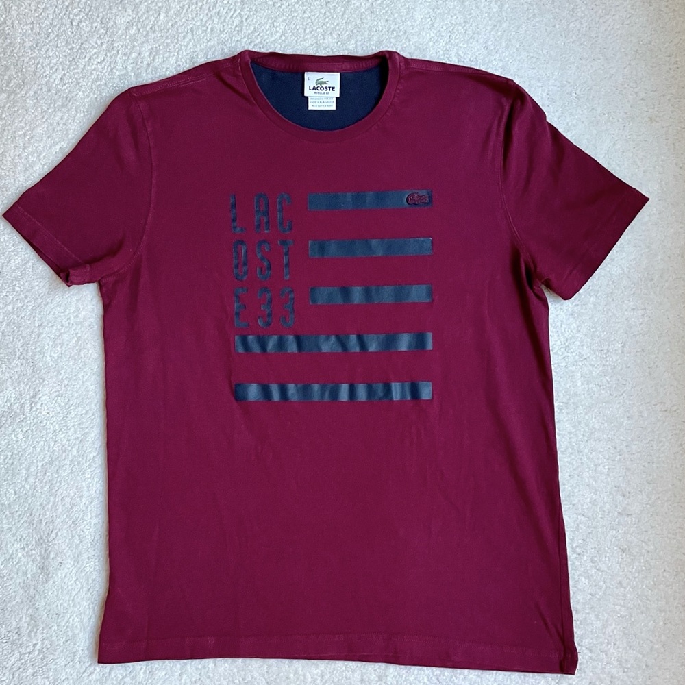Lacoste men’s regular fit T-shirt Sz 5 (US Sz L) Burgundy with navy graphics